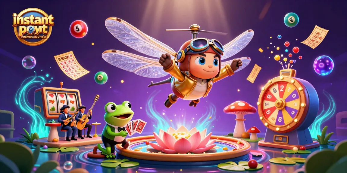 Experience instant payout casinos Australia with vibrant dragonfly pilots and frog croupiers in action.