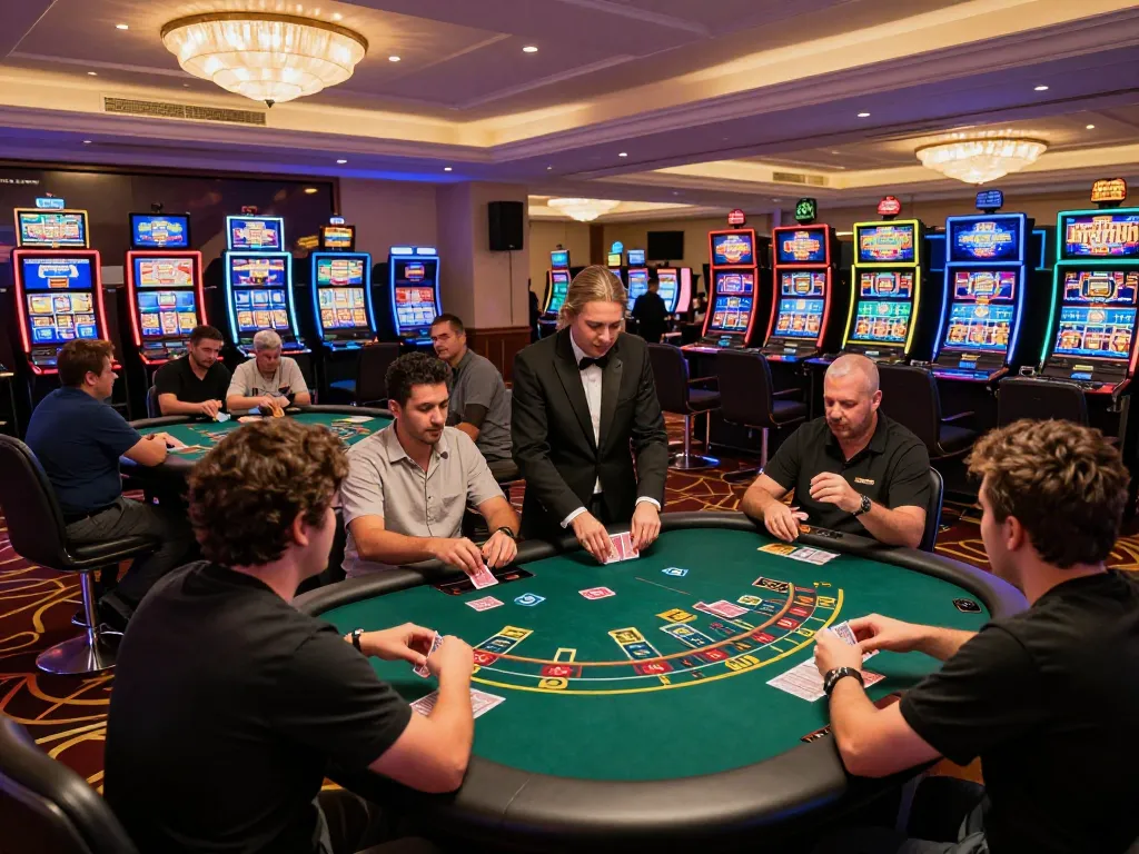 Comparatif casino sans KYC présentant des joueurs aux tables de blackjack dans un cadre de casino vibrant, mettant en avant un jeu stratégique.