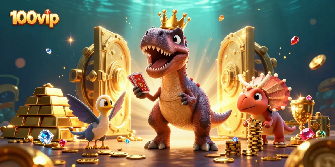 100vip showcases a playful T-Rex and friends engaging in a dazzling casino card game.