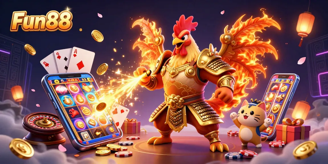 Experience the thrill of Fun88 as a warrior rooster and dragon celebrate in a vibrant casino scene.