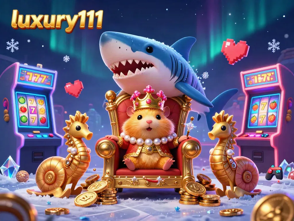 Spin the reels at luxury111 with a vibrant casino scene including a hamster king and slot machines.