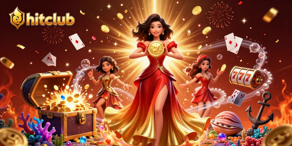 Engage with the hitclub jackpot excitement, featuring a stunning woman holding a golden coin amidst vibrant casino elements.