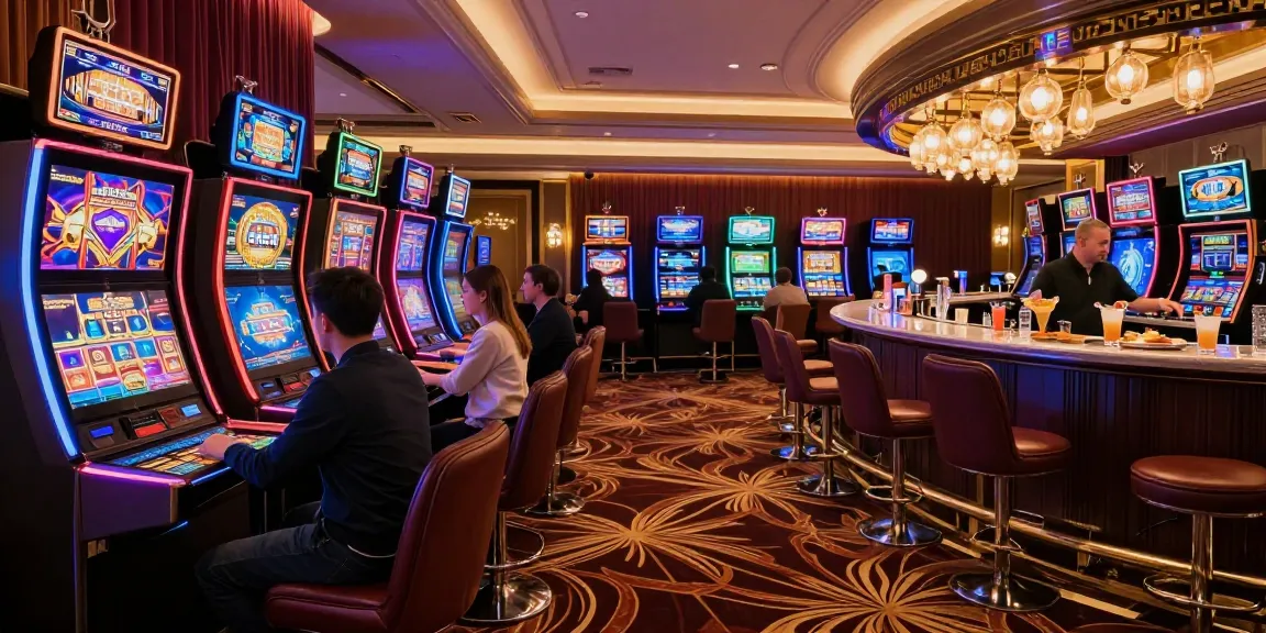 Pengalaman bermain LUXURY777 di kasino mewah dengan mesin slot berwarna cerah dan suasana meriah.