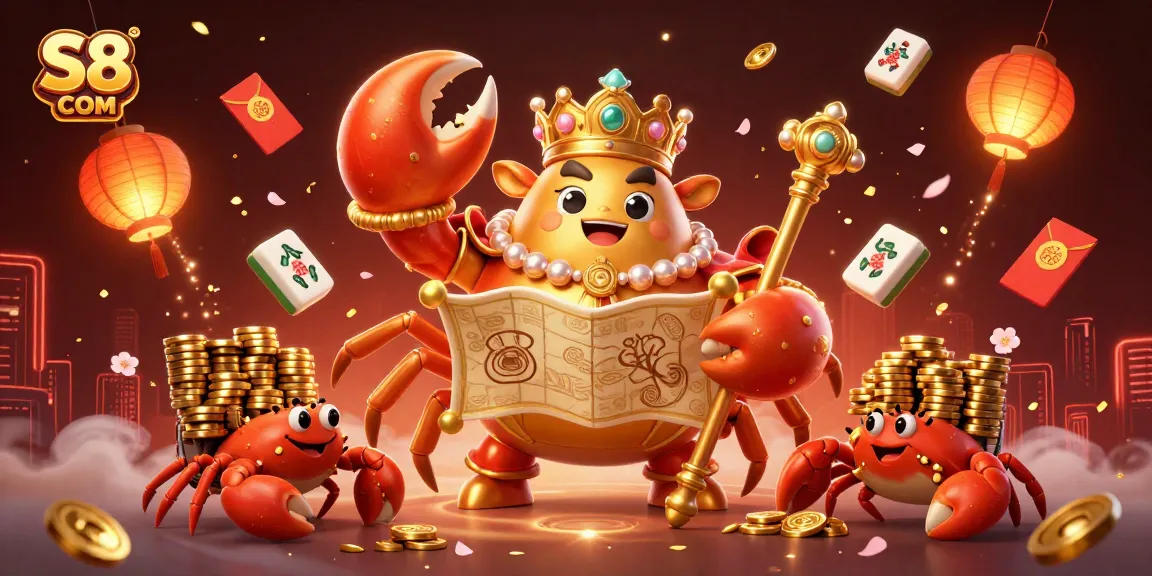 Experience the vibrant world of S8 COM with a golden crab emperor amidst casino treasures.