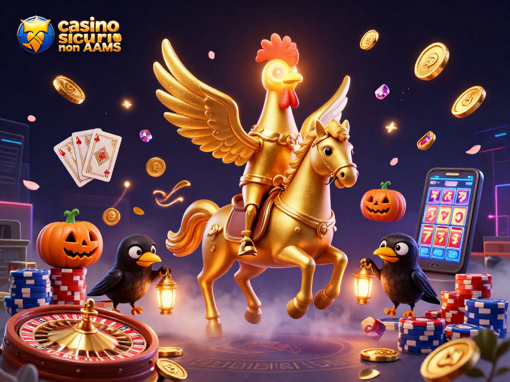 Scopri i casino sicuri non AAMS con un'illustrazione di un gallo d'oro nel casinò.