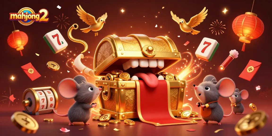 Spin and win with mahjong 2 tiles glowing alongside treasure chests and festive decorations while playing.