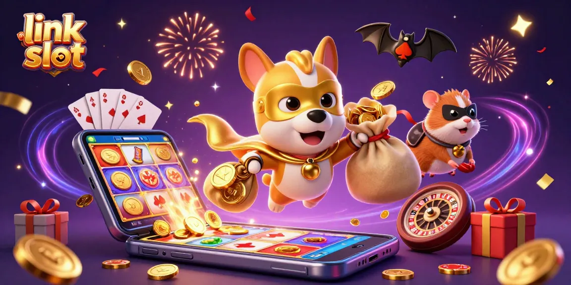 Link slot yang menarik memperlihatkan pahlawan anjing dan hamster yang beraksi dengan simbol kasino yang ceria dan penuh keajaiban.