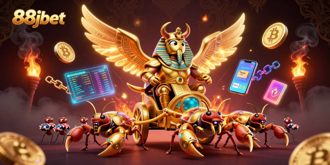 Experience 88jbet with a dynamic 3D casino scene featuring a golden scarab beetle and scorpions.