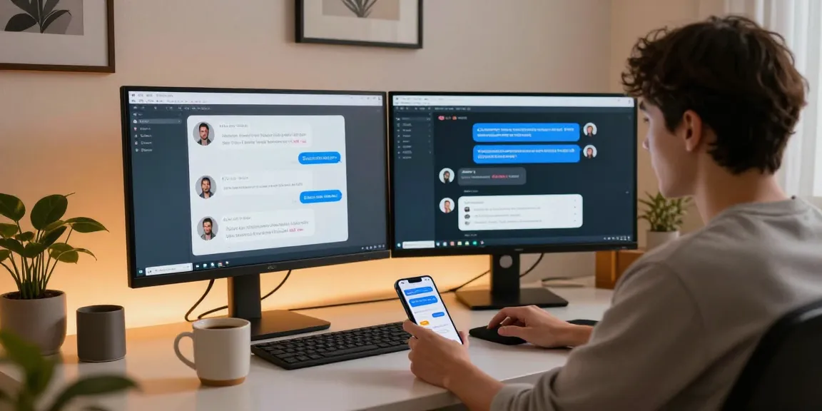 Interactive user engaging with character ai nsfw chat on dual monitors in a modern workspace.