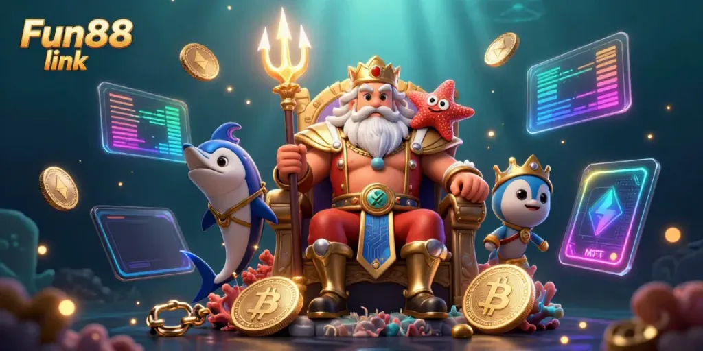 Engage with Fun88 link as sea king Neptune rules an underwater casino, surrounded by glowing crypto coins and vibrant gaming elements.