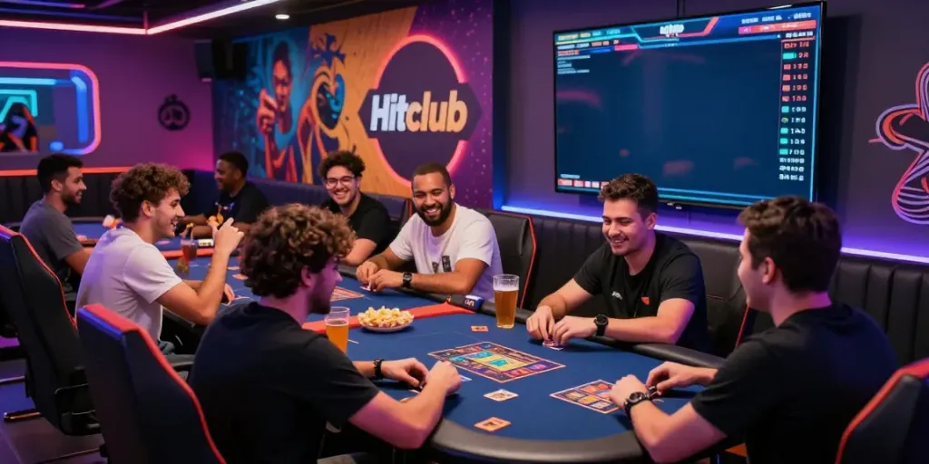 Players enjoying various card games in a colorful Hitclub gaming lounge, highlighting excitement and community.