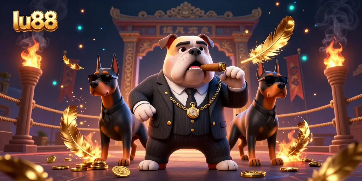 lu88 showcases a mafia bulldog and Dobermans in a vibrant casino scene with gold coins and atmospheric effects.