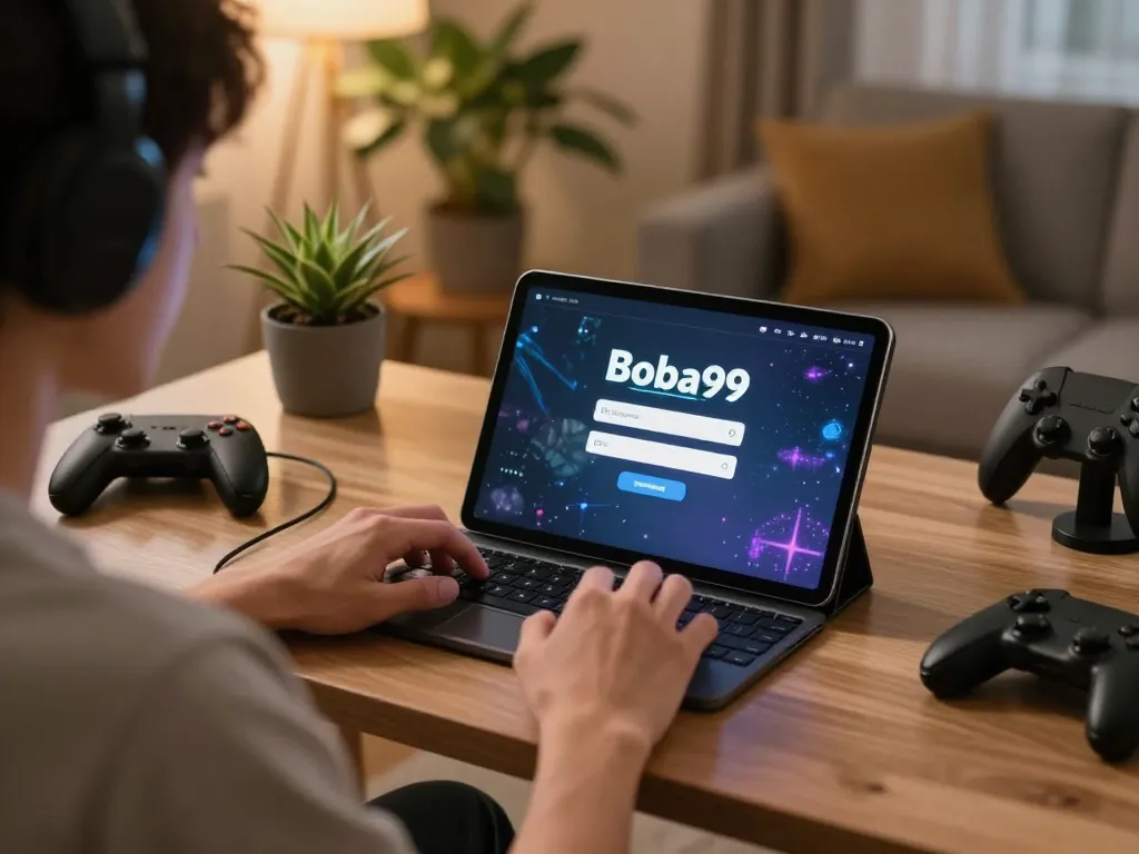 Antarmuka Login Boba99 ditampilkan di tablet selama sesi permainan online yang nyaman di ruang tamu yang stylish.