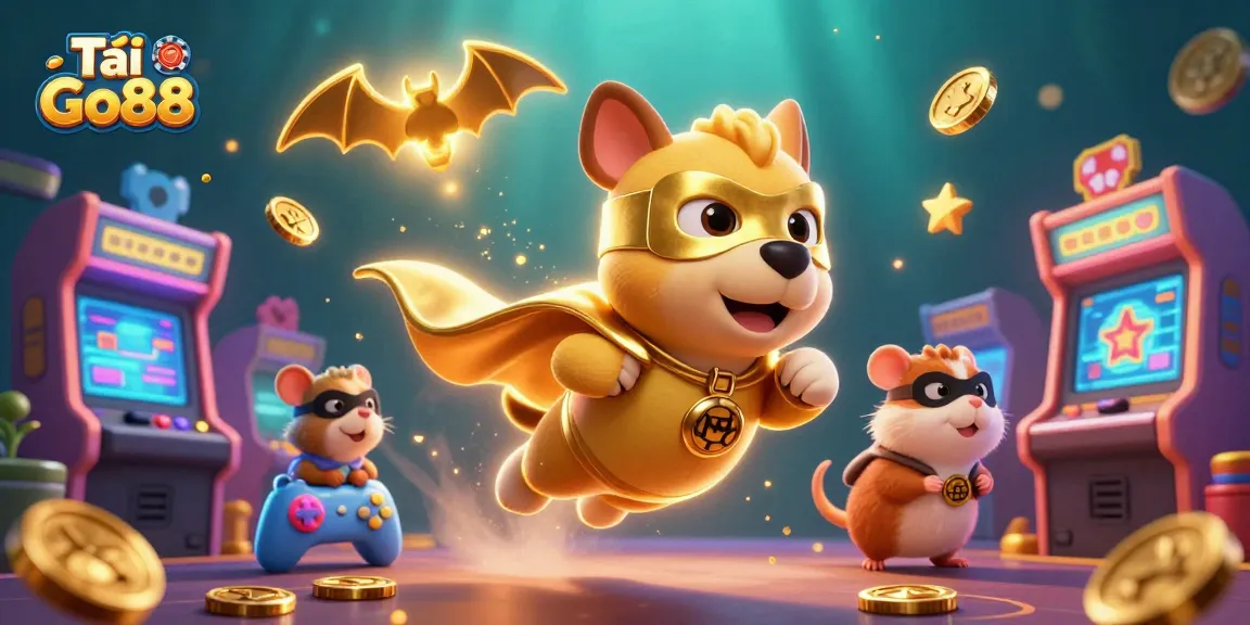 Tải Go88 - A superhero dog and hamster collect gold coins in a casino-inspired scene