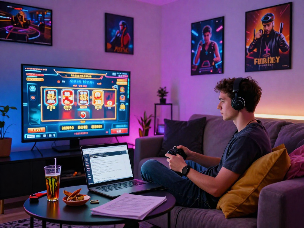 Giocatore in casa con giochi da casino sicuri non AAMS su grande schermo, atmosfera coinvolgente e moderna.