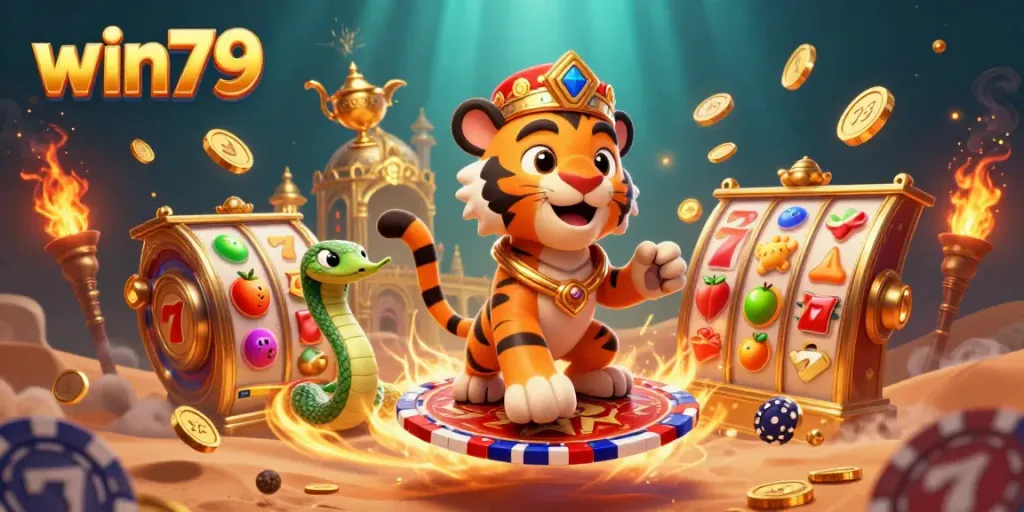 Experience the thrilling win79 slots with a vibrant Arabian-themed illustration blending excitement and gaming.