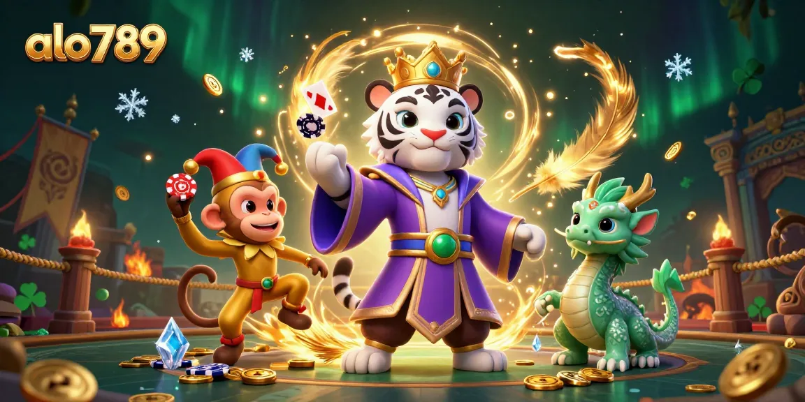 Place your bets at alo789 with a dynamic scene of a white tiger and playful characters in a vibrant gambling arena.