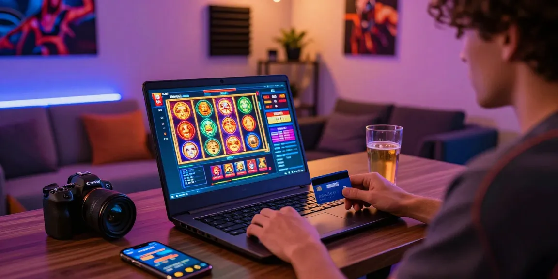 Experience the excitement of online gaming with https://troyuk.co.uk showcasing a player using a credit card in a vibrant home casino setup.