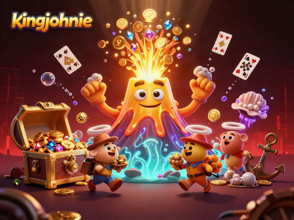 Experience the excitement of kingjohnnie casino games with dynamic treasures erupting from a golden volcano.