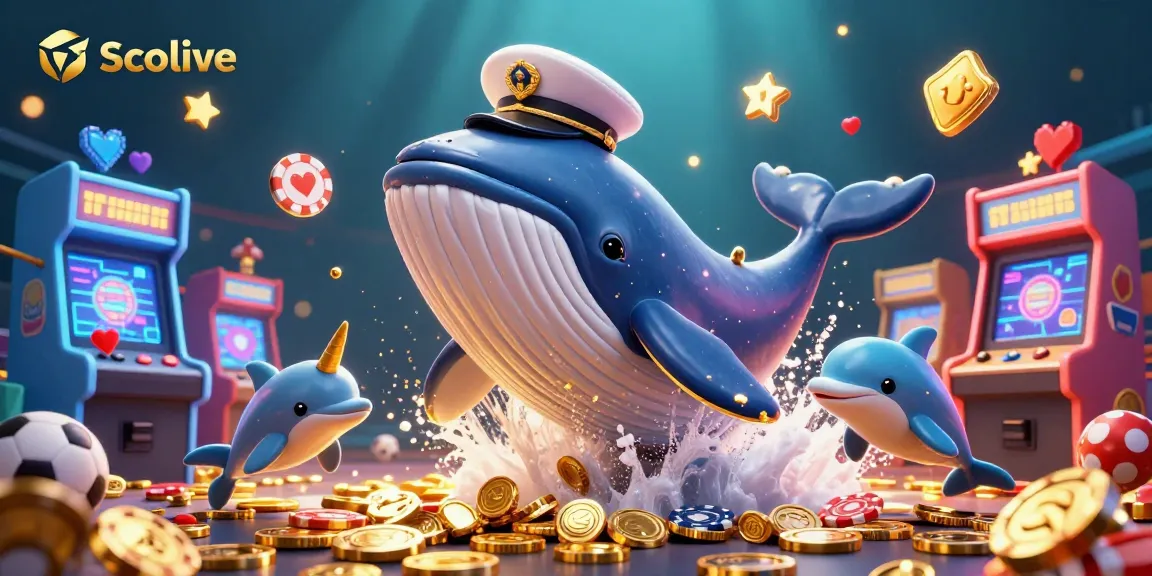 Socolive elevates online sports betting thrills with a whale captain surrounded by coins and dolphins.
