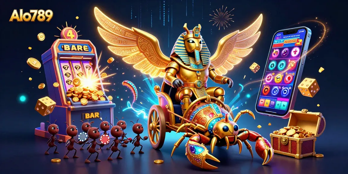 Alo789 showcases a vibrant scene of gambling excitement with characters from a casino-inspired chariot and thrilling game elements.