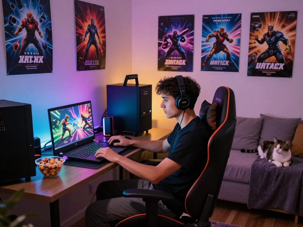 Gamer enjoying xxx games in a cozy bedroom filled with vibrant LED lights and gaming gear.