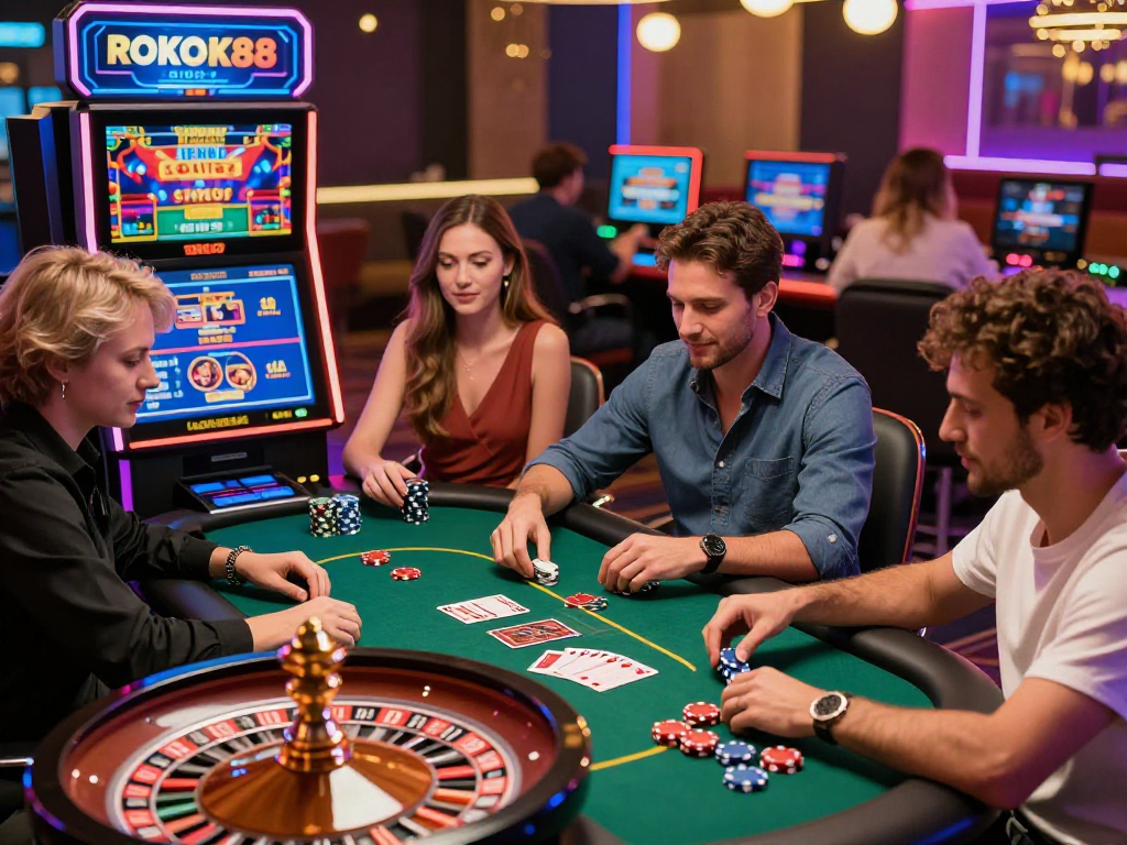 Group of diverse adults enjoying rokok88 online casino games with vibrant graphics and casino elements.
