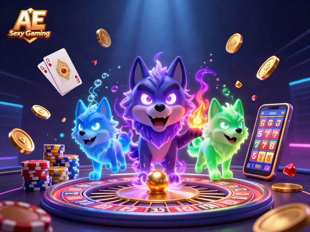 Experience AE Sexy Gaming with a dynamic scene of live casino action, featuring virtual dealers and vibrant game elements.