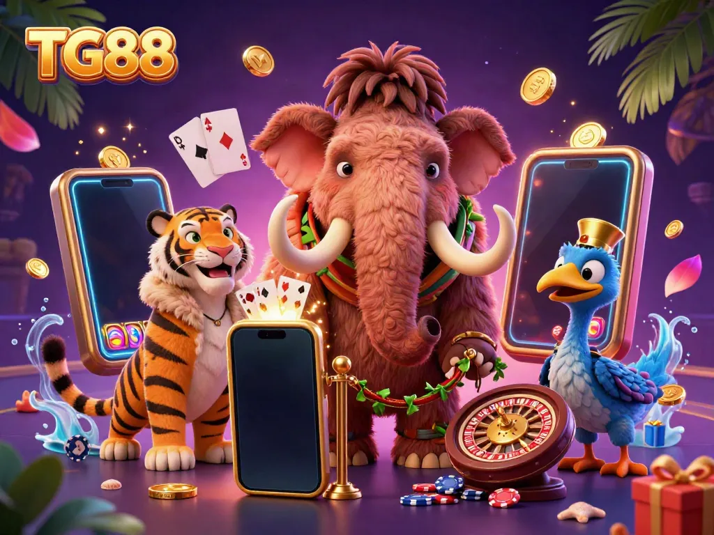Join the excitement at TG88, where a woolly mammoth bouncer and a saber-tooth tiger VIP create a vibrant casino atmosphere.