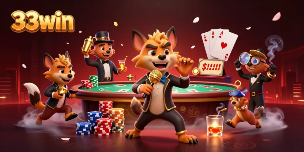 Experience vibrant casino scenes at 33win with animated hyenas in a comedy club setting.