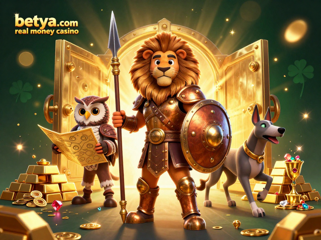 Discover excitement at betya.com real money casino with a 3D Spartan lion and treasure.