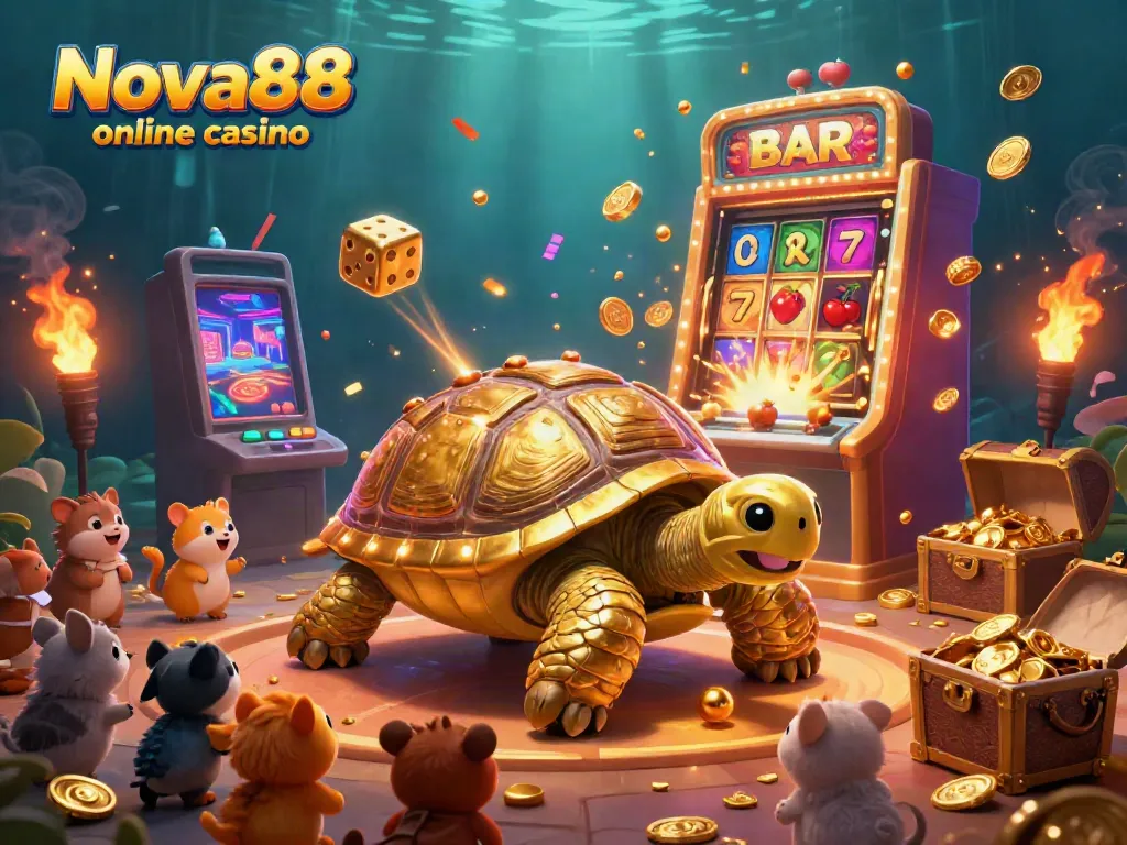 Experience the excitement of Nova88 online casino with a vibrant casino scene featuring a golden tortoise pinball machine and slot machine.
