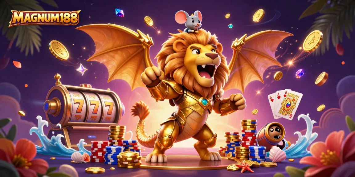 Immerse in MAGNUM188's thrilling world of online gambling with a roaring chimera championing the jackpot.