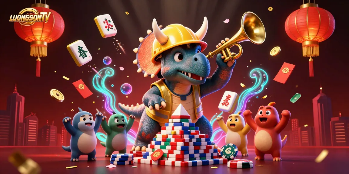 LUONGSONTV showcases a vibrant celebration with characters cheering over poker chips in a festive casino scene.