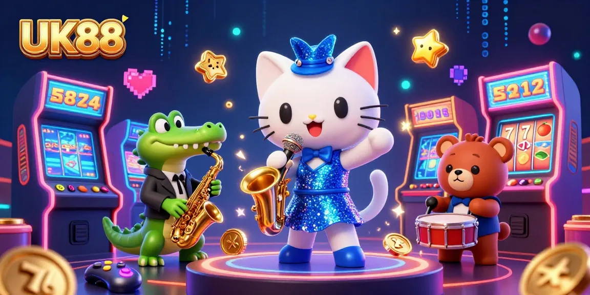Experience exciting gaming at UK88 with jazz-singing cat and vibrant casino elements.