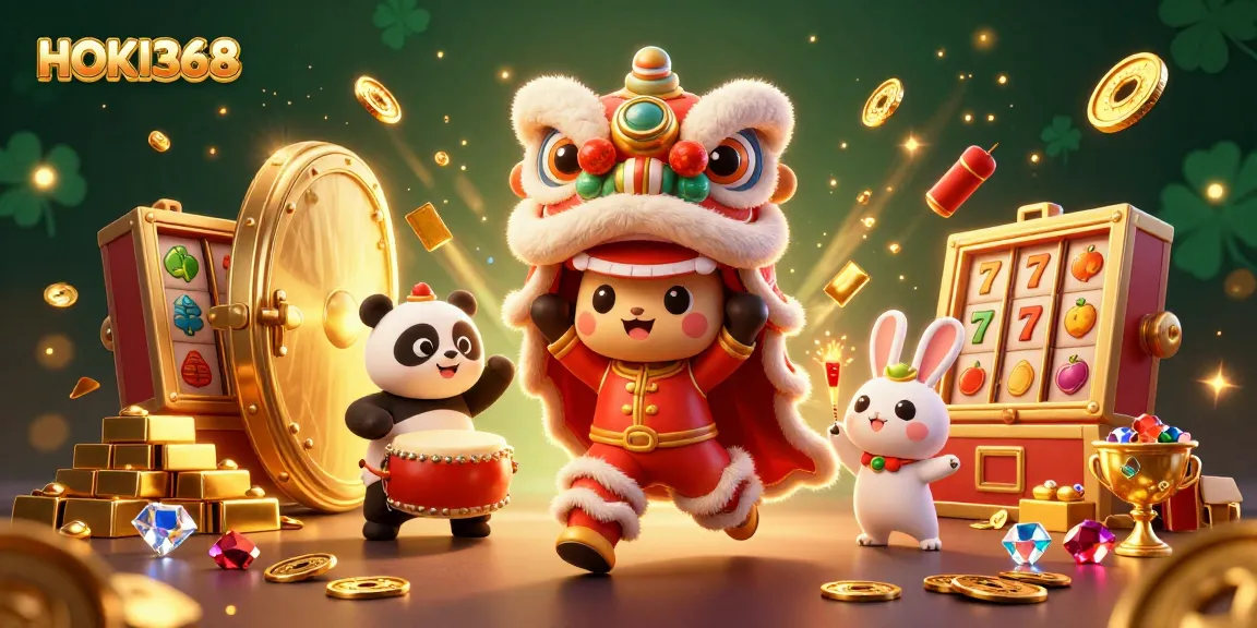 Engage with HOKI368 through a lively casino illustration showcasing a lion dance and dynamic gaming elements.