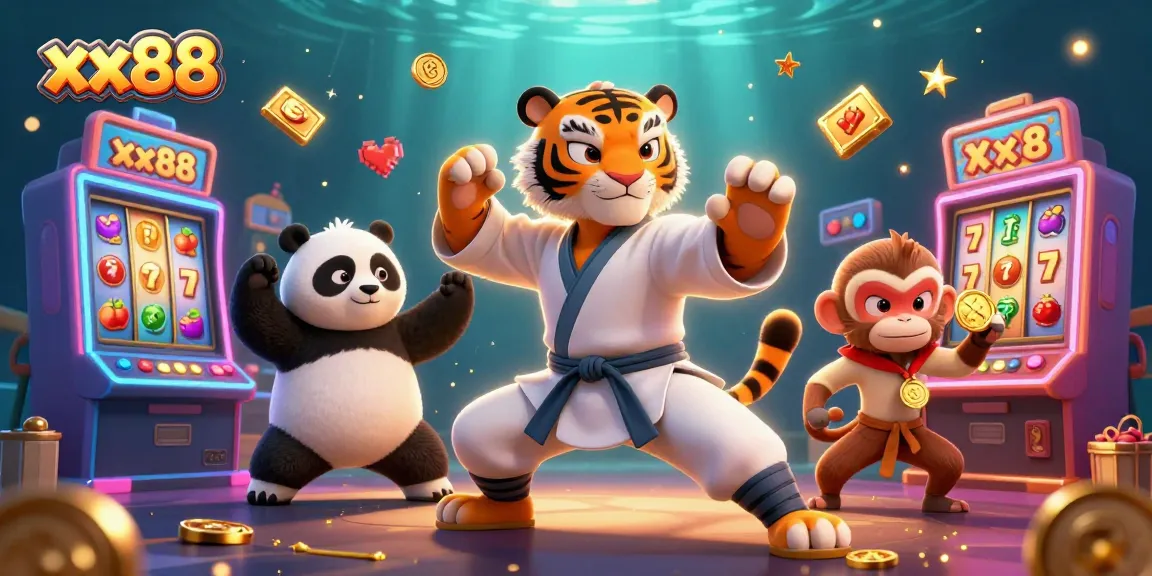 Witness the excitement at xx88 as cartoon characters engage in thrilling casino games amidst vibrant slot machines.