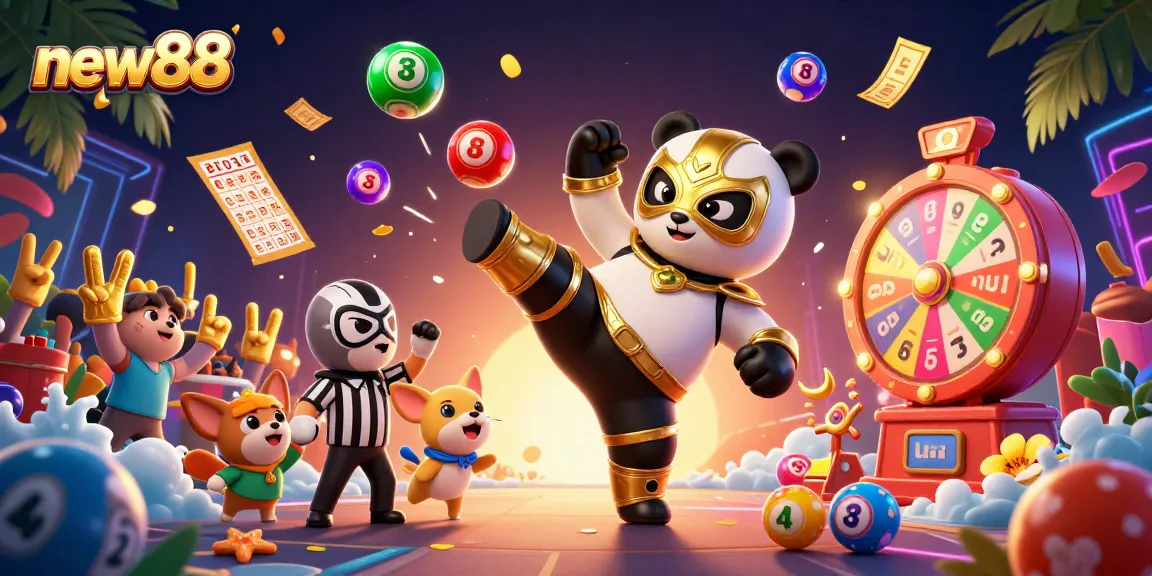 Engage in thrilling gameplay at new88 with a vibrant scene of a panda wrestler and cheering fans.