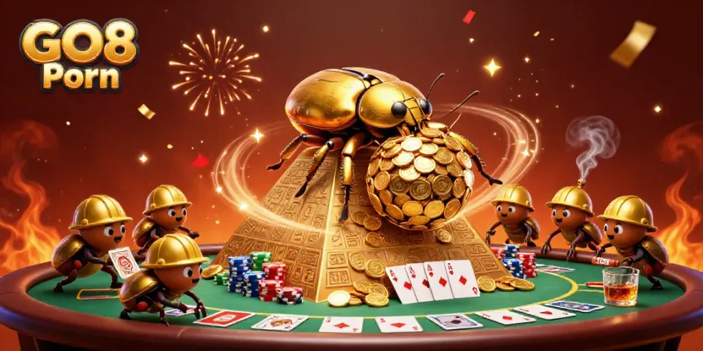 Engage with GO8 Porn in a vibrant scene featuring golden beetles amidst casino elements.