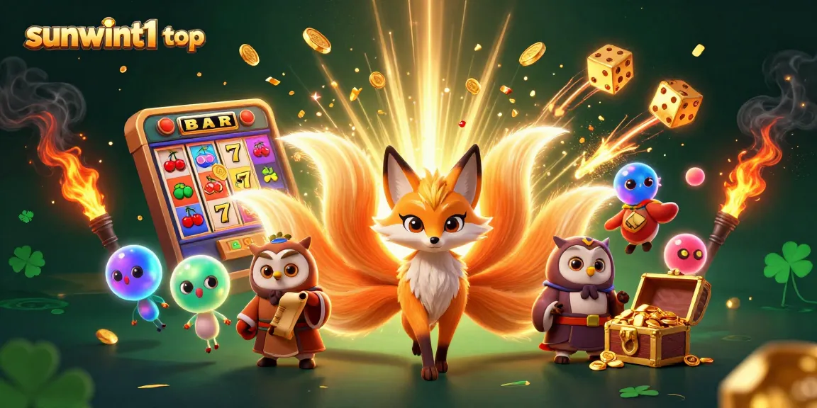 Engage with the vibrant casino atmosphere of sunwint1 top, featuring a nine-tailed fox and a sage amidst a jackpot explosion.