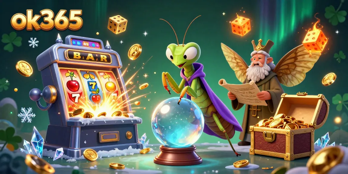 Experience thrilling jackpots with ok365's vibrant casino illustration of fortune tellers and lively game elements.