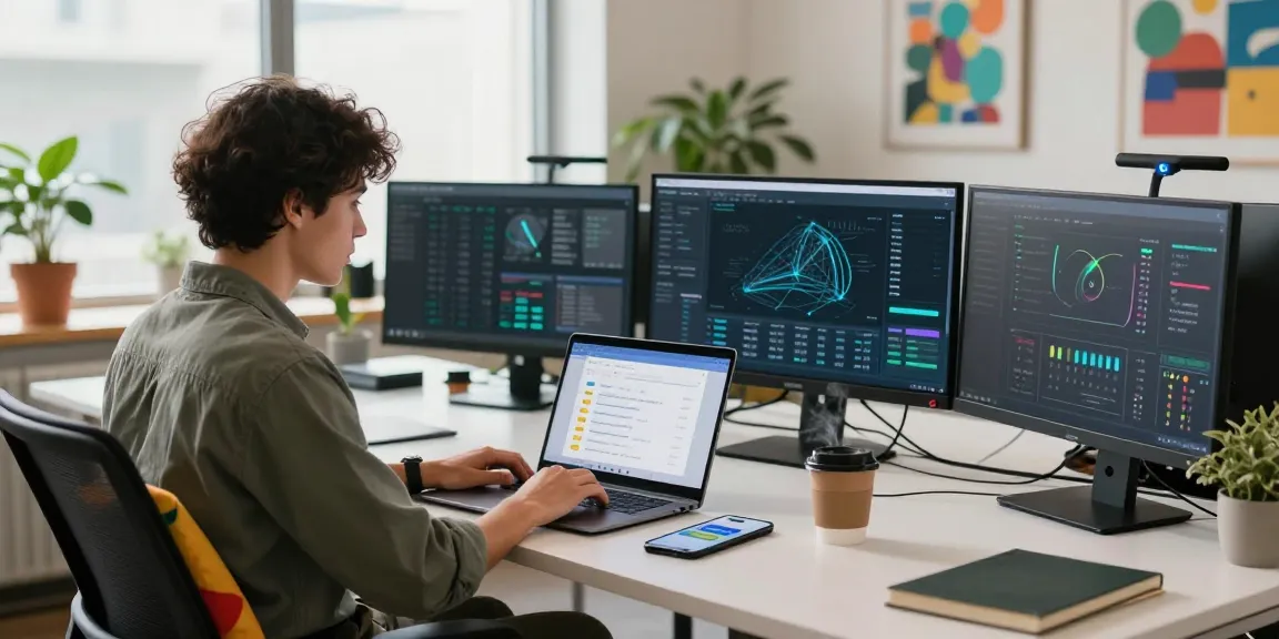快连 application in use on a laptop in a modern tech workspace, showcasing productivity and advanced connectivity.