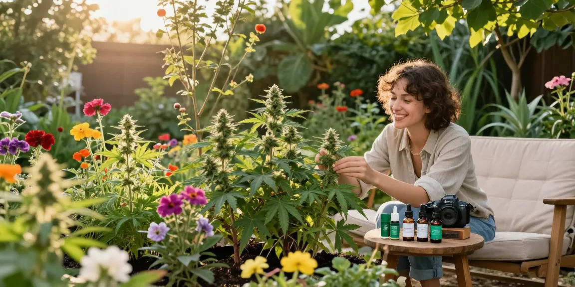Ministry of Cannabis products displayed in a serene garden setting, featuring CBD oils and flowers in natural sunlight.