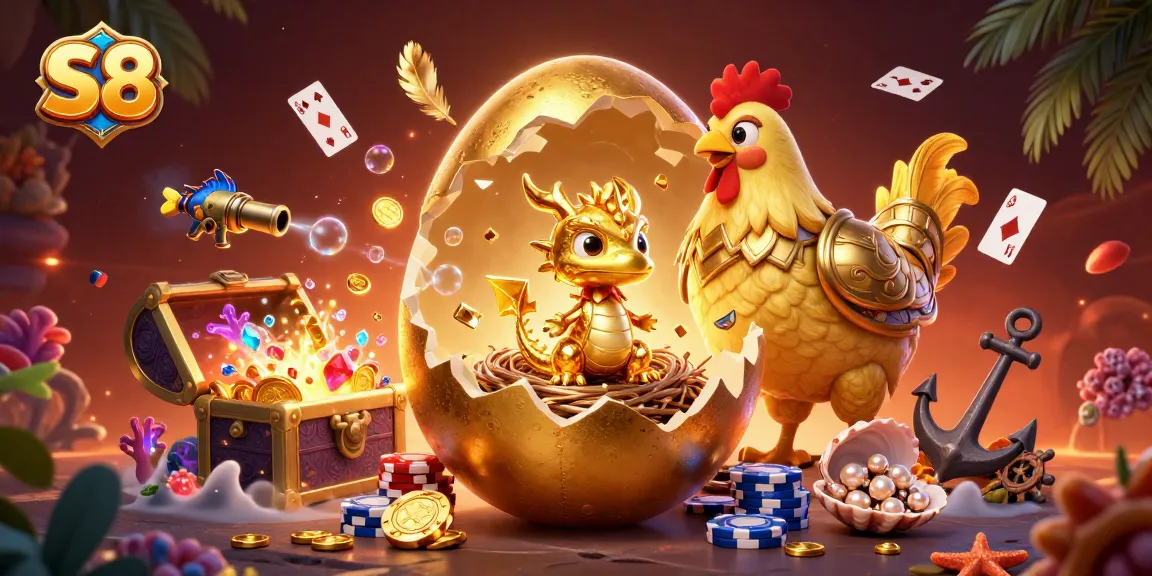 S8 showcases a stunning golden dragon and poker chips amidst an underwater treasure backdrop, symbolizing rich gambling experiences.