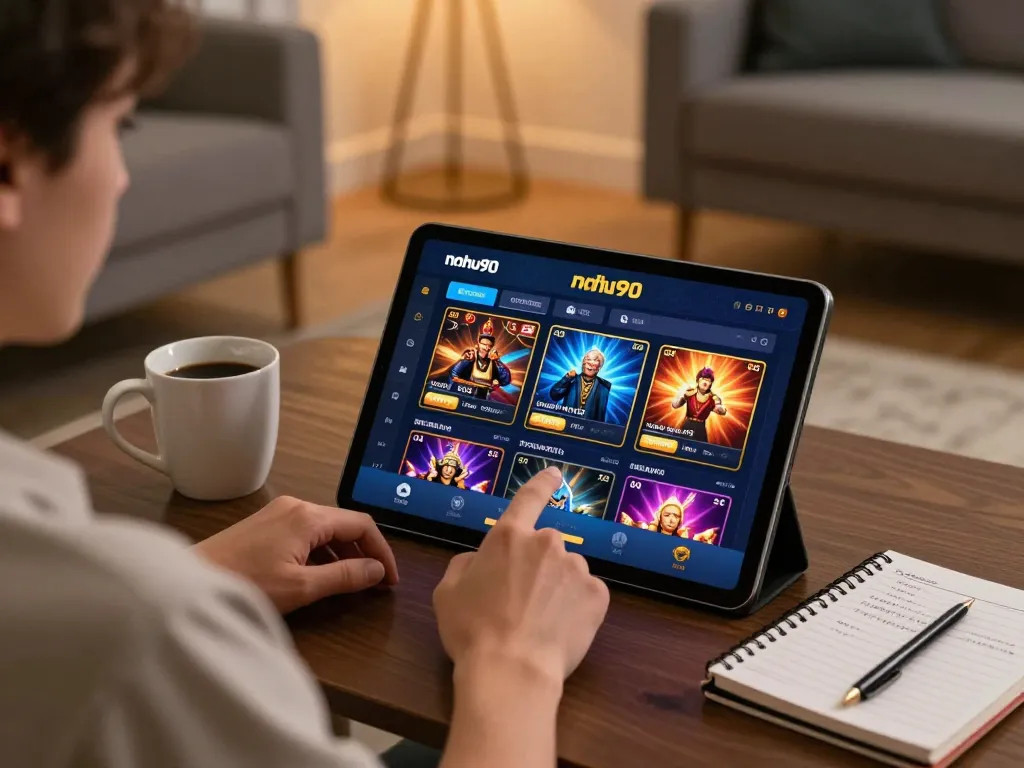 Nohu90 user playing casino games on a tablet in a cozy home setting.