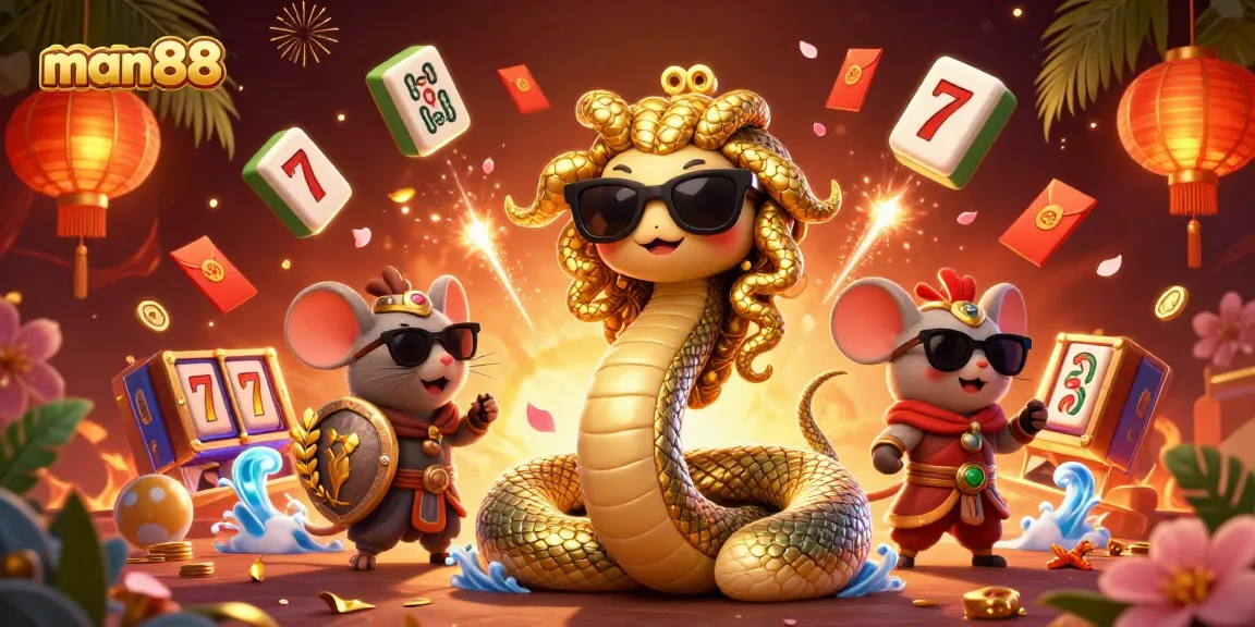 Play exciting games at man88 with Medusa and friends amid vibrant casino elements.