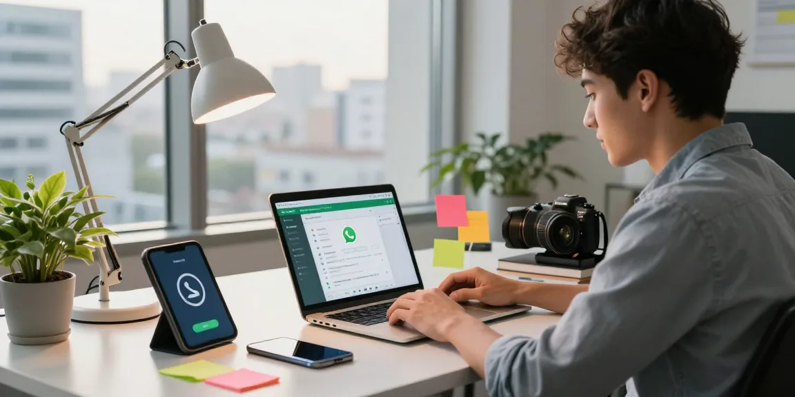 Professional using WhatsApp網頁版 on laptop in a modern office setting.