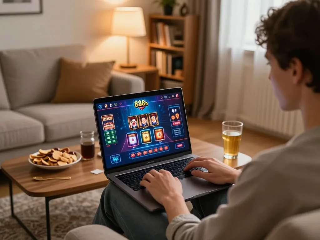 Engaging with the 888b online casino platform during a cozy home gaming session