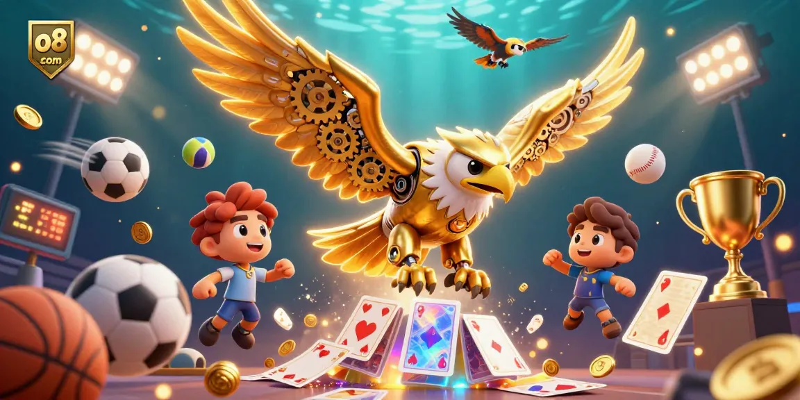 Experience the vibrant energy of online gaming with o8 com featuring a golden eagle amid shimmering sports elements.