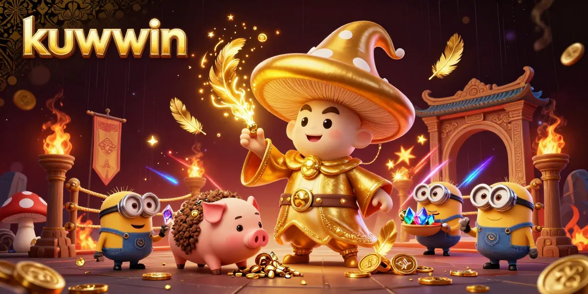 Kuwin showcases a thrilling 3D casino scene with magical characters turning everything to gold, surrounded by vibrant gambling elements.